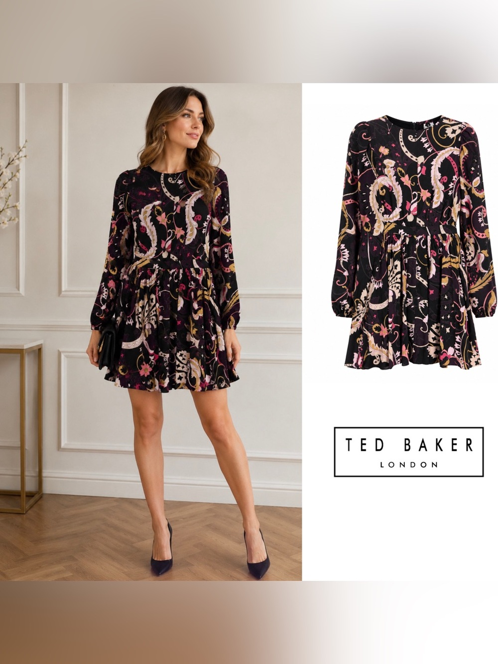 NEW Ted Baker London Rhabia Long Sleeve Paisley Mini Dress in dark purple